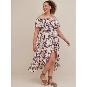 Torrid 2XL Midi Gauze Off-Shoulder Walk-Through Floral Dress Shorts Jumper